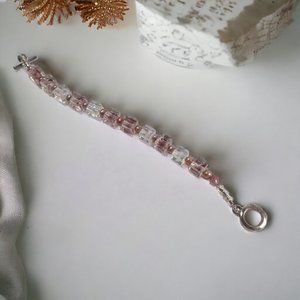 Bracelet 7.5 Inch Glass Square Bead Silver Tone Fashion Costume Jewelry Pink